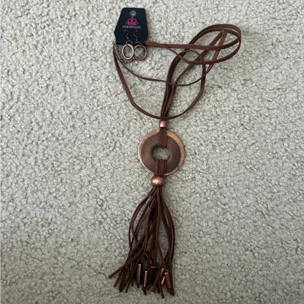 Paparazzi Copper and Brown Leather Necklace Set